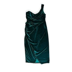 ASOS Design Bottle Green Velvet One Shoulder Drape Corset Detail Midi Dress 14